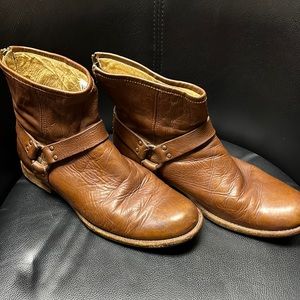 Frye men cognac brown harness boots, mens, 11.5d, well used, but look sharp